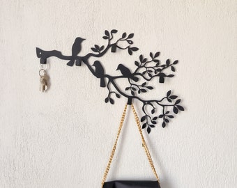 Minimalist Coat Rack Wall Mount, Birds And Branch Themed Metal Wall Hanger, Towel Rack, 5 Hooks , 5 Color Hanger, Metal Wall Hangings,