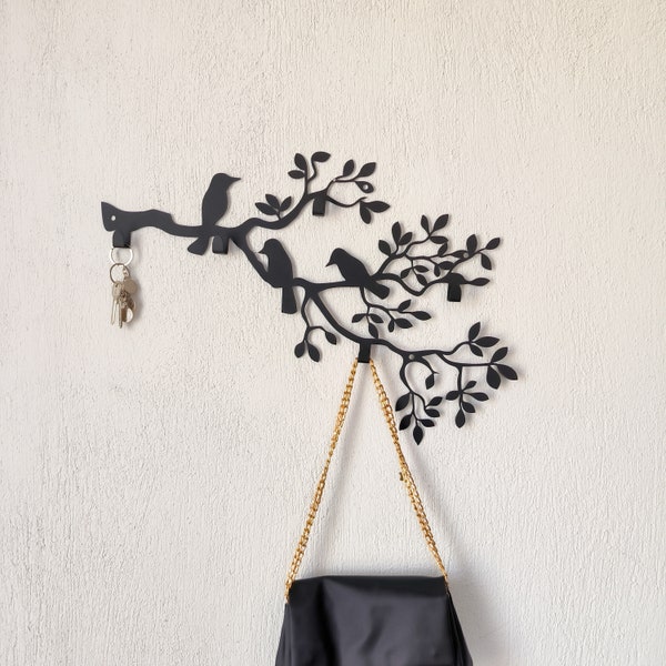 Minimalist Coat Rack Wall Mount, Birds And Branch Themed Metal Wall Hanger, Towel Rack, 5 Hooks , 5 Color Hanger, Metal Wall Hangings,