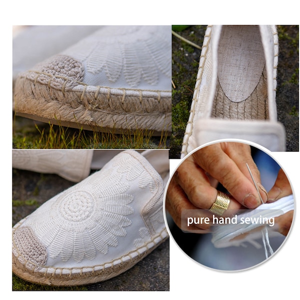 Handgemaakte pure katoen gestikte zool schoenen, Japanse daisy vissersschoenen, ademend stro geweven platte loafers, canvas casual hanfu schoenen