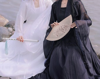 Qinsei Hanbok, Black Hanbok, White Hanbok, Cross Collar Flanking Large Sleeve Shirt Hanbok, Wide Sleeve Dress, Fairy Hanbok