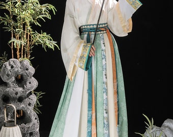 Green waist-length Hanfu, female Jin Dynasty cross-collar Hanfu, elegant improved ancient costume, gorgeously printed Hanfu, gift for ladies