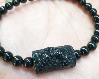 Pulsera Pixiu de jade negro natural (17 cm) / Jadeíta de Myanmar tipo A / Elegante pulsera de la suerte