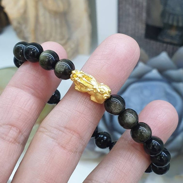 24K Gold (Au999) Pixiu Dragon Golden Sheen Obsidian Beaded Bracelet