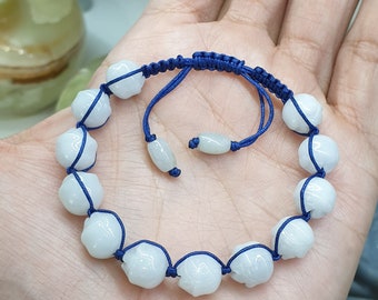 Buy White Jade Lotus Flower Beads in Blue Thread Braided Bracelet
