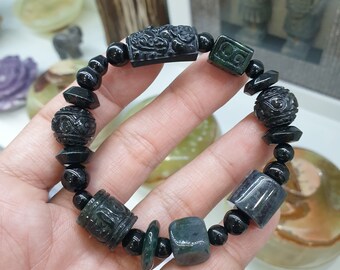 Pulsera de jade negro natural (17 cm) / Cuentas mixtas de jadeíta de Myanmar tipo A / Pulsera para hombre o mujer