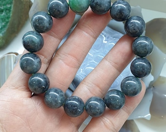 Gents Jade Bracelet 18cm Natural Black Gray Type A Burma Jadeite 14mm Beads