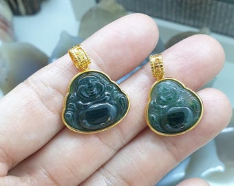 18K Gold | Blue Jade Happy Buddha Pendant