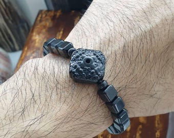 Pulsera Dragón de Jade Negro de 17 cm con Cuentas Cúbicas Tipo A Jadeíta Natural de Myanmar
