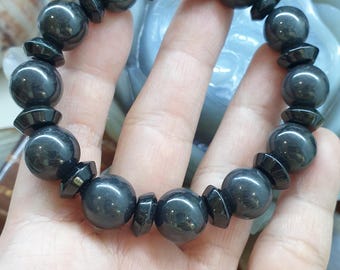 Natural Black Jade Bracelet 18 cm - Spaced Beads - Type A Myanmar Jadeite