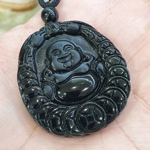 Czarny Jadeit Szczęśliwy Budda Męski Wisiorek w Czarnym Naszyjniku Liny