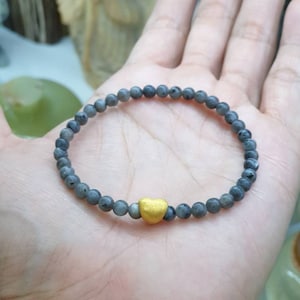 24K Gold Heart Charm in Larvikite Mini Beaded Bracelet (Size 17 cm)