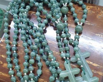 Green Jade Rosary (26 inch) | Vintage Natural Jadeite Beads, Cross | Handcrafted Prayer Beads