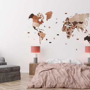 Au-dessus du décor de lit, décor mural 3D de carte en bois du monde au-dessus du lit, grand décor mural, décor au-dessus du lit, art des cartes, décor mural derrière le lit