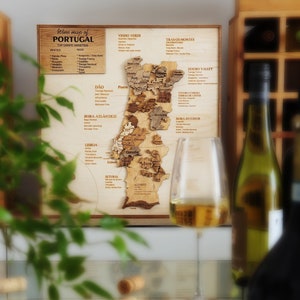 Décor de bar à vin à la maison Carte des régions viticoles du Portugal, décor de cave à vin, cave à vin, idée cadeau pour les amateurs de vin, accessoires d'art de carte en bois 3D pour bar à la maison