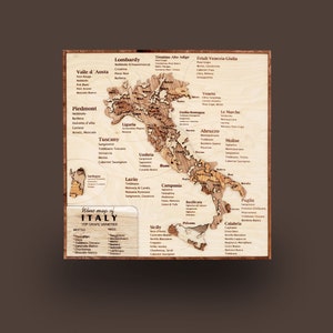 Carte des régions viticoles d'Italie, décoration d'appartement, décoration murale esthétique du salon, décoration murale en bois, accessoires de bar pour bar à domicile, cadeau pour les amateurs de vin