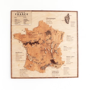 Cadeau pour petit ami amateur de vin, cadeau unique du 5ème anniversaire pour mari, carte en bois art France carte de la région viticole, décoration de bar à la maison, art mural moderne