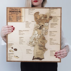 Art mural de carte - Carte des vins de Potrugal, cadeaux pour amateur de vin, décor pour bar à la maison original, décor d'art mural en bois, carte en bois, cadeau d'anniversaire