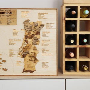 Rustic wall decor Portugal wine regions map, unique wooden 3D farmhouse wall art