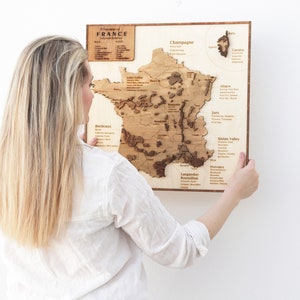 彼への5周年記念ギフト、夫への木製ウェディングアイデアギフト、フランスワイン産地マップ、天然木の手作りワインバーカート装飾。