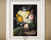 A Still Life of Flowers with Cherries and Pocket Watch Oil Painting Antique Vintage Wall Art