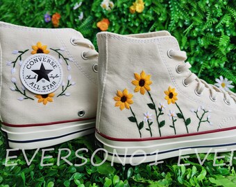 Custom Converse Embroidered Shoes Converse Chuck Taylor 1970s Custom Embroidered Sunflower Converse Shoes for Her Wedding Gift
