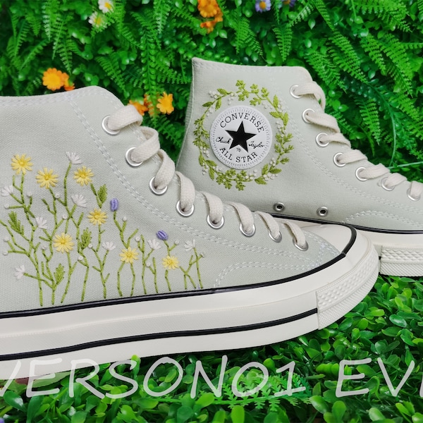Customized Converse Embroidered Shoes Converse Chuck Taylor 1970s Customized Embroidered Flowers Converse Shoes for Her Wedding Gift