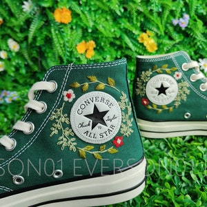 Custom Converse Embroidered Shoes Converse Chuck Taylor 1970s Custom Embroidered Green Leaf Converse Shoes for Her Wedding Gift