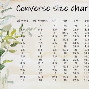 May include: A chart showing men's and women's shoe sizes in US, UK, EU, centimeters, and inches. The chart shows the corresponding sizes for each measurement system.