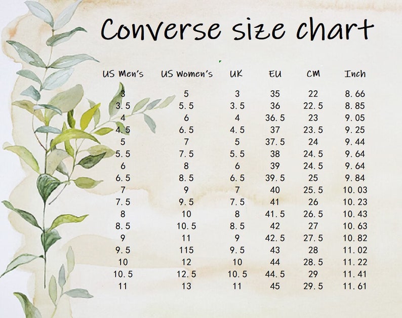 May include: A chart showing men's and women's shoe sizes in US, UK, EU, centimeters, and inches. The chart shows the corresponding sizes for each measurement system.