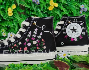 Tênis Converse Chuck Taylor All Star bordados personalizados anos 70, com flores bordadas personalizadas, para presente de casamento