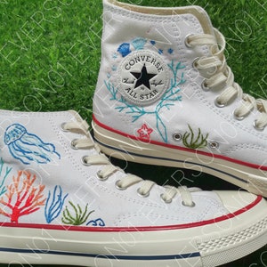 Custom Converse Embroidered Shoes Converse Chuck Taylor 1970s Custom Embroidered Jellyfish In The Sea Converse Shoes for Her Wedding Gift