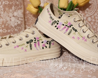 Custom Embroidered Converse Sneakers: Floral Pearl Wedding Shoes