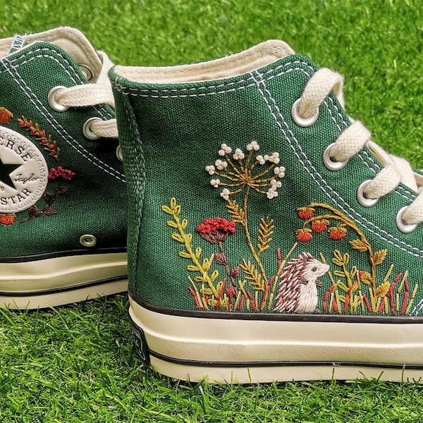 Custom Converse Embroidered Shoes Converse Chuck Taylor 1970s Custom Embroidered Dandelion Hedgehog Converse Shoes for Her Wedding Gift