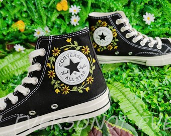 Custom Converse Embroidered Shoes Converse Chuck Taylor 1970s Custom Embroidered Sunflower Converse Shoes for Her Wedding Gift