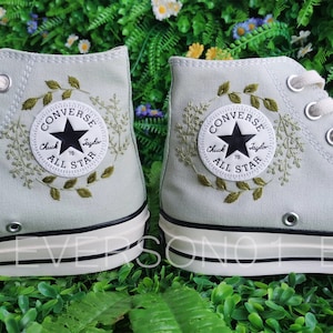 Custom Converse Embroidered Shoes Converse Chuck Taylor 1970s Custom Embroidered Green Leaf Converse Shoes for Her Wedding Gift