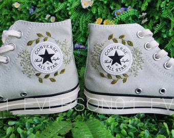 Tênis Converse Chuck Taylor Chuck Taylor personalizado com bordado de folha verde, anos 70, para presente de casamento