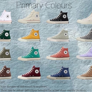 May include: A chart showing 14 different colors of high-top sneakers. The colors include white, beige, black, all white, forest green, yellow, mint green, grey, olive, coffee, tiffany green, coral, taro purple, dark red, steel blue, and tan.