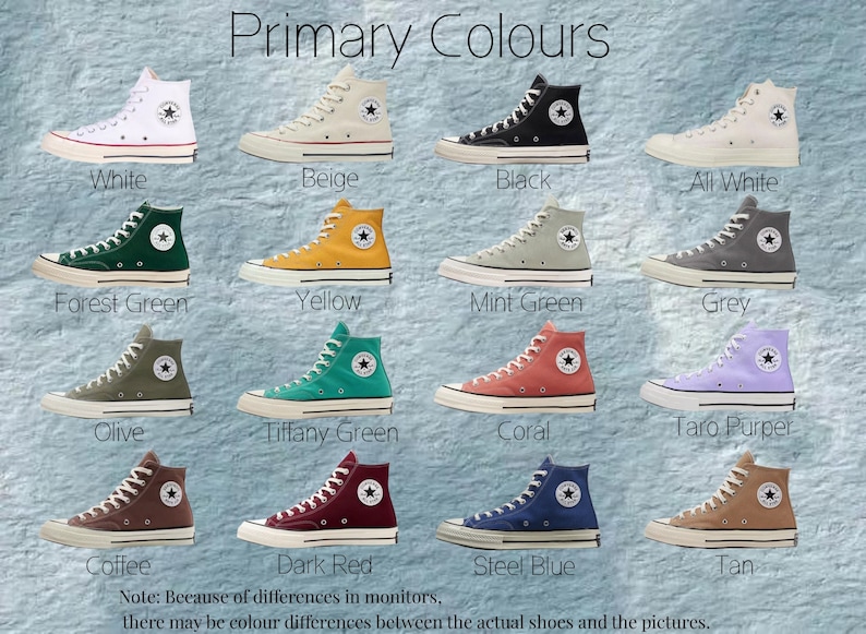 May include: A chart showing 14 different colors of high-top sneakers. The colors include white, beige, black, all white, forest green, yellow, mint green, grey, olive, coffee, tiffany green, coral, taro purple, dark red, steel blue, and tan.