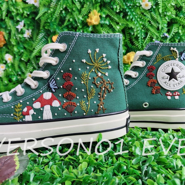 Custom Converse Embroidered Shoes Converse Chuck Taylor 1970s Custom Embroidered Mushroom Forest Converse Shoes for Her Wedding Gift