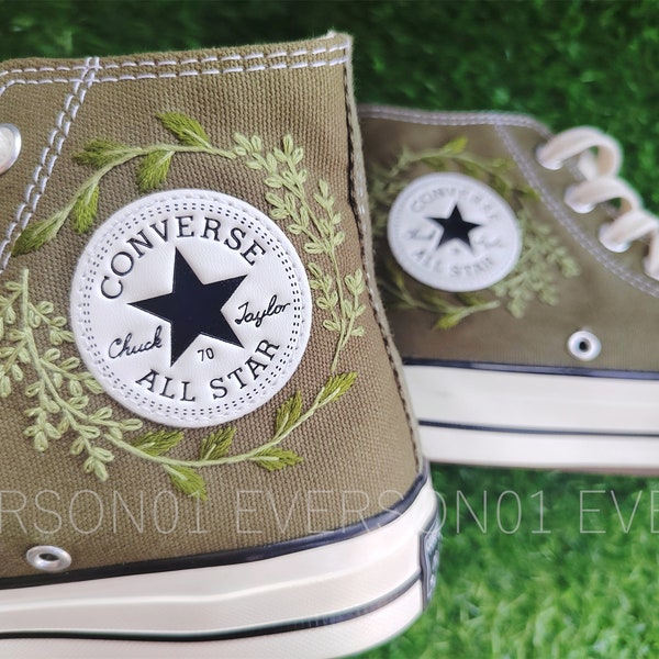 Custom Converse Embroidered Shoes Converse Chuck Taylor 1970s Custom Embroidered Green Leaf Converse Shoes for Her Wedding Gift