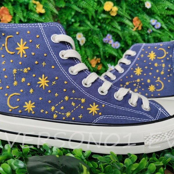 Custom Converse Embroidered Shoes Converse Chuck Taylor 1970s Custom Embroidered Moon Star Converse Shoes for Her Wedding Gift