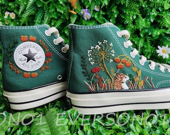 Zapatillas Converse personalizadas con bordado de diente de león y erizo de los años 70, regalo de boda.