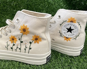 Custom Converse Embroidered Shoes Converse Chuck Taylor 1970s Custom Embroidered Sunflower Converse Shoes for Her Wedding Gift