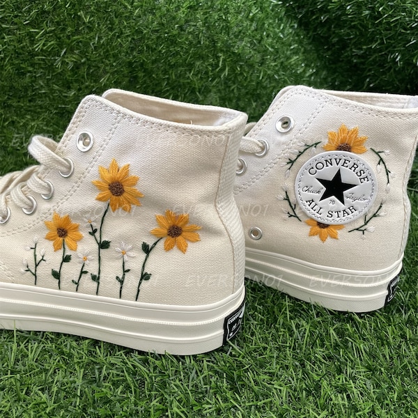 Custom Converse Embroidered Shoes Converse Chuck Taylor 1970s Custom Embroidered Sunflower Converse Shoes for Her Wedding Gift