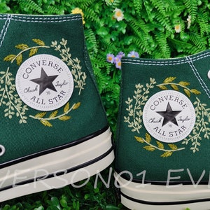 Custom Converse Embroidered Shoes Converse Chuck Taylor 1970s Custom Embroidered Green Leaf Converse Shoes for Her Wedding Gift