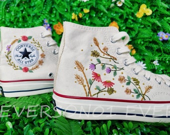 Tênis Converse Chuck Taylor All Star bordados personalizados anos 70, com estampa de flor e trigo, para presente de casamento