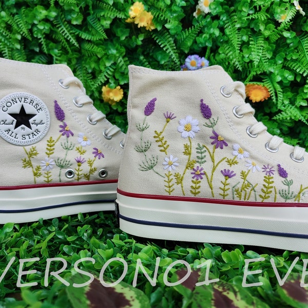 Custom Converse Embroideredf Shoes Converse Chuck Taylor 1970s Custom Embroidered Garden Floral Converse Shoes for Her Wedding Gift