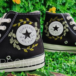 Custom Converse Embroidered Shoes Converse Chuck Taylor 1970s Custom Embroidered Green Leaf Converse Shoes for Her Wedding Gift