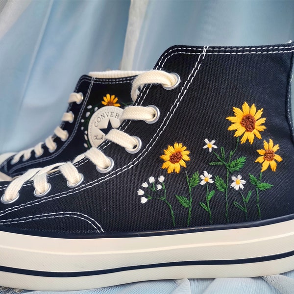 Custom Converse Embroidered Shoes Converse Chuck Taylor 1970s Custom Embroidered Sunflower Converse Shoes for Her Wedding Gift