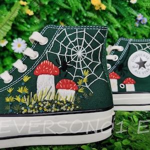 Custom Converse Embroidered Shoes Converse Chuck Taylor 1970s Embroidered Mushroom &Spider Web Converse Shoes Best Gift for Her